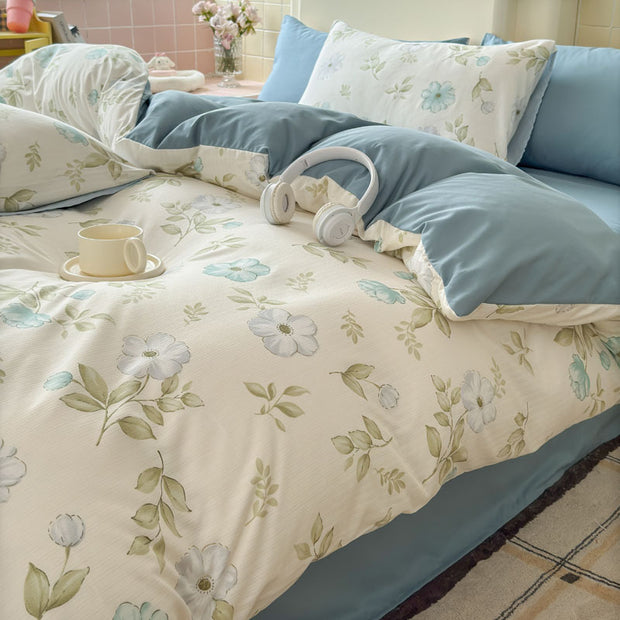Double Gauze Four-Piece Set Jacquard Small Bamboo Cotton Three-Piece Set Student Dormitory INS Fresh Floral Bedding
