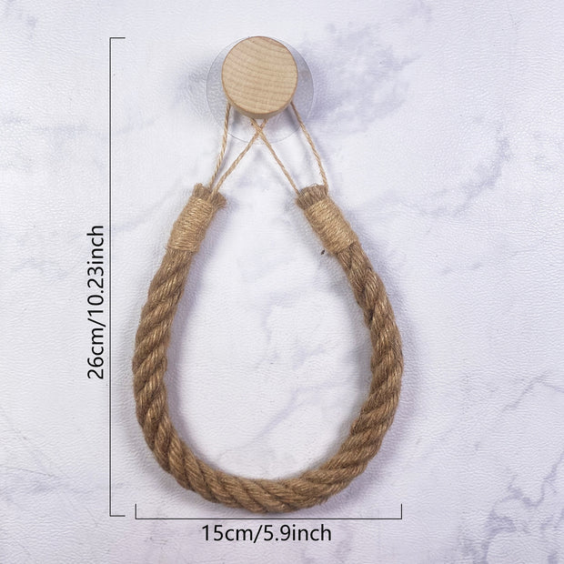 Wooden Hook Seamless Adhesive No Drilling Handmade Woven Hemp Rope Towel Rack Tissue Holder Bathroom Toilet