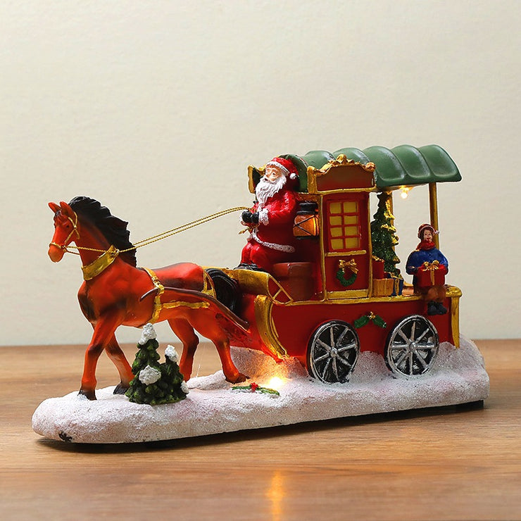 Christmas Decoration Resin Craft House with Light and Music, Reindeer Sleigh Ornament, Christmas Gift