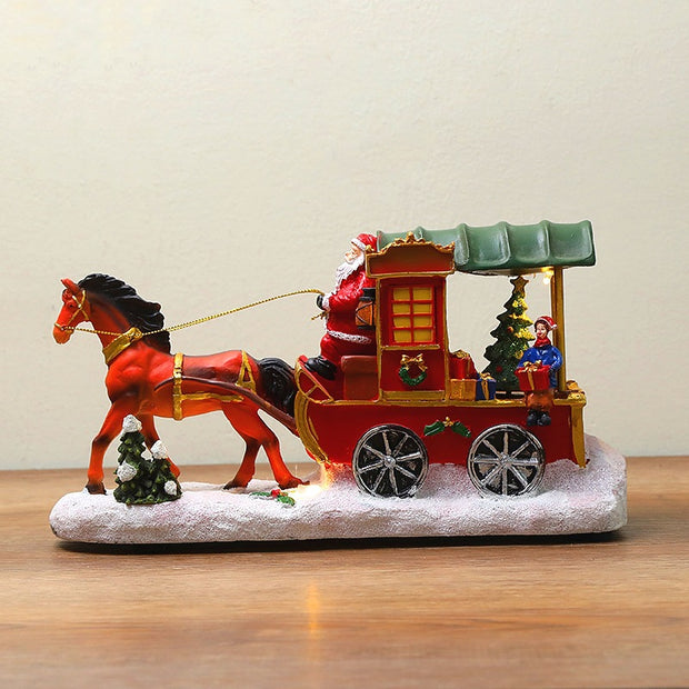 Christmas Decoration Resin Craft House with Light and Music, Reindeer Sleigh Ornament, Christmas Gift